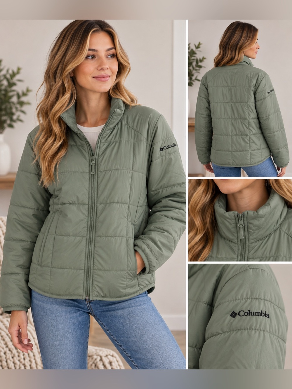 Columbia Women’s Small Quilted Puffer Jacket Sage Green Lightweight Full Zip